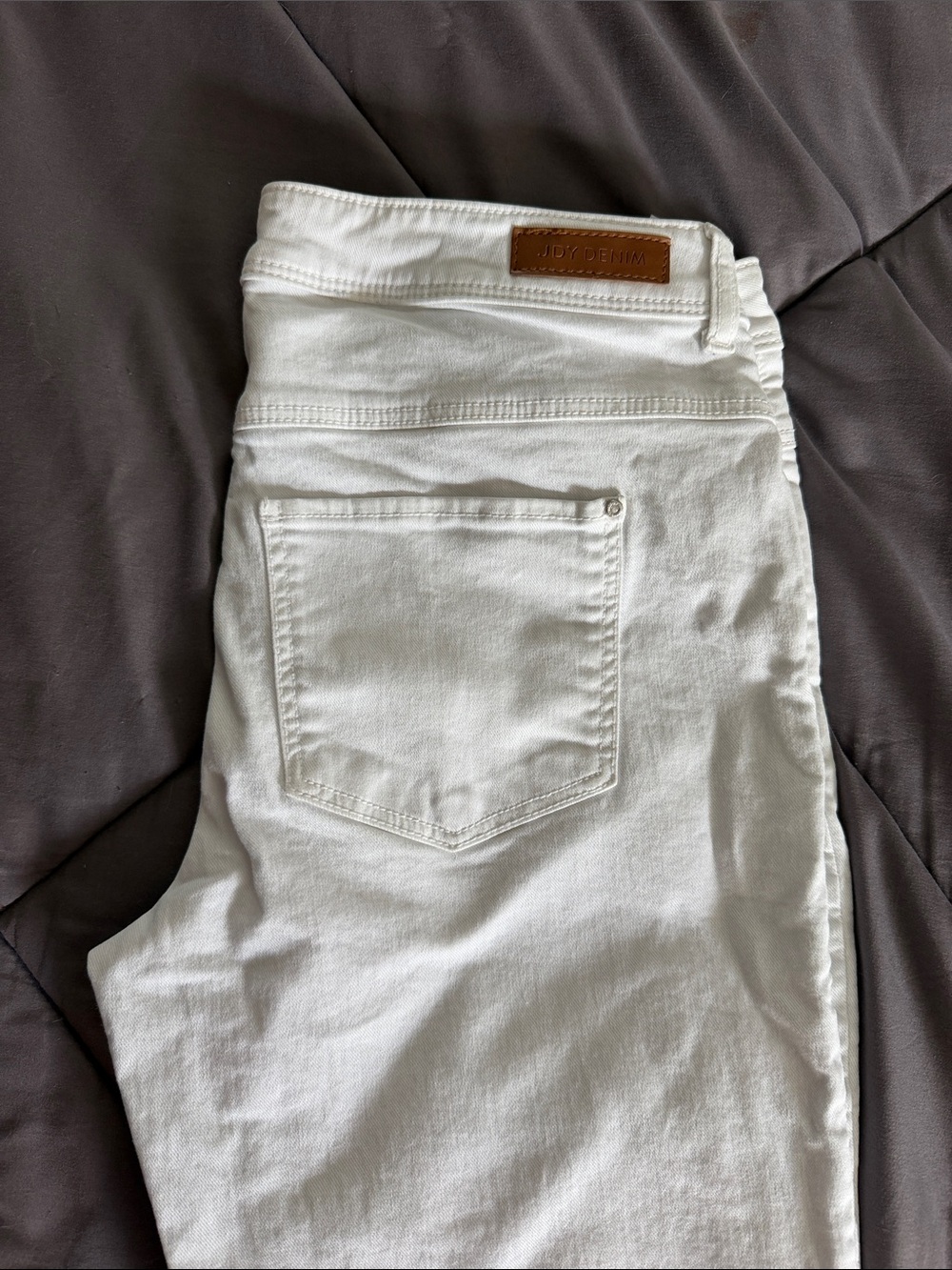 White Skinny Jeans with Leather Patch Waistband